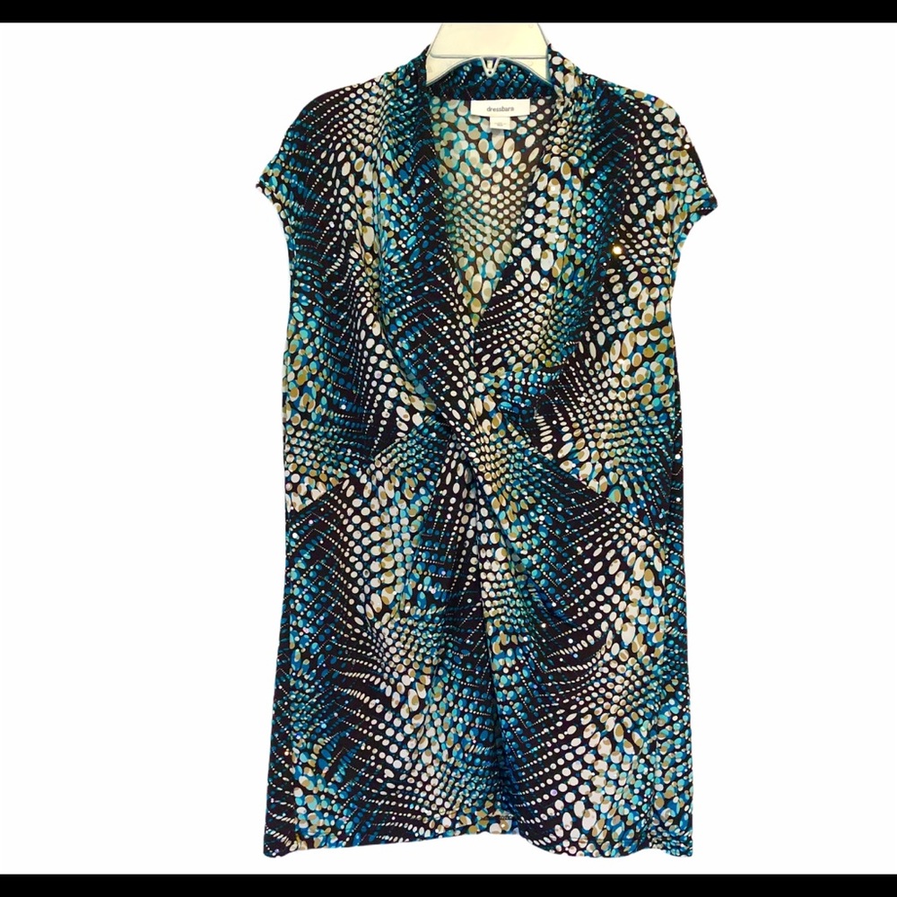 Dress Barn Women’s XL Brown Teal White Circle Geometric cap sleeve V-neck Blouse